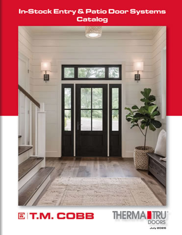 Cover of an entry door catalog showing a black front door with sidelights in a bright entry, plant, and rug; title at top: 'In-Stock Entry & Patio Door Systems Catalog' with TM Cobb and Thermatru Doors logos at the bottom.