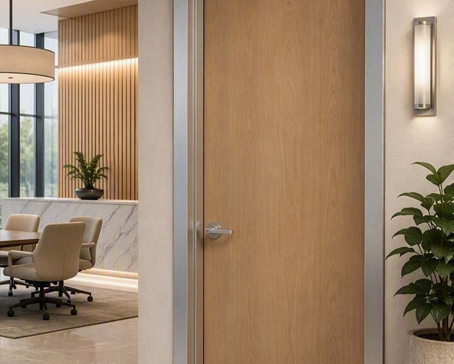Wooden office door open to a bright conference room with beige chairs, a table, and potted plants nearby.