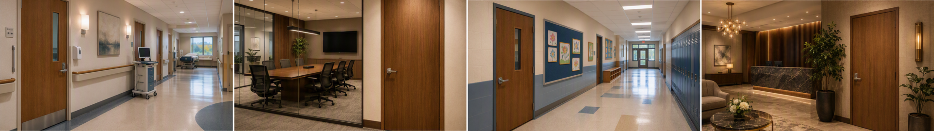 Hospital interior showing a glass-walled conference room, a long patient hallway with doors, and a reception/lounge area in one image.