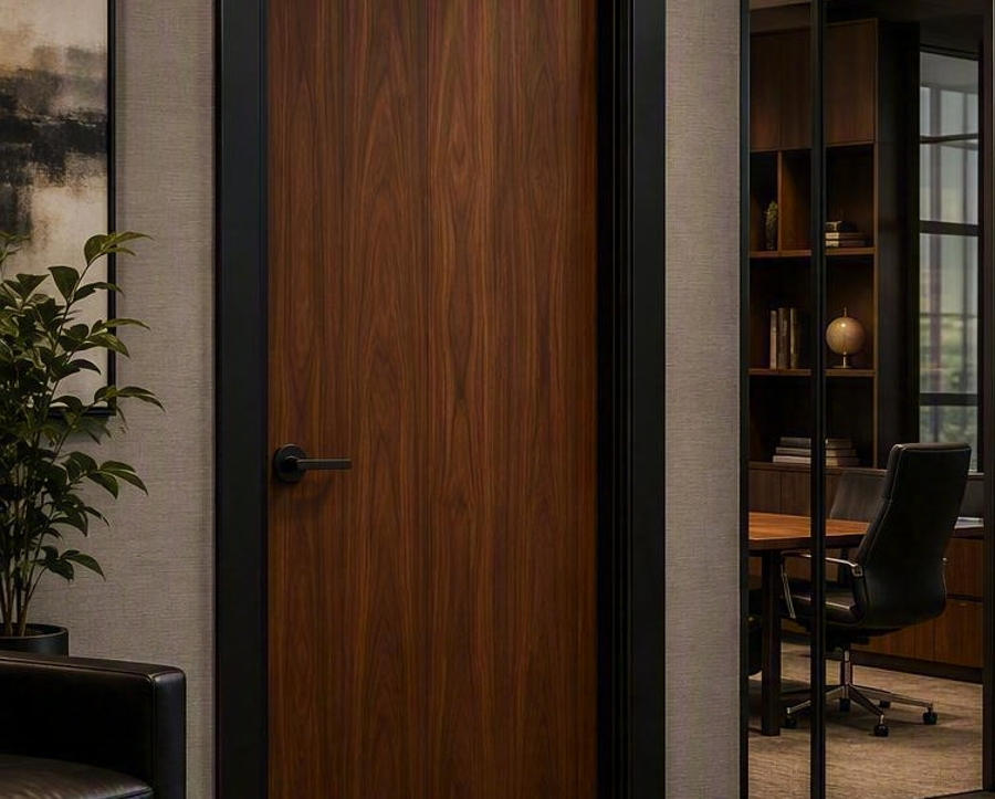 Wooden door with a black lever handle in a modern office; through a glass partition you can see a desk, black swivel chair, and bookshelves behind.