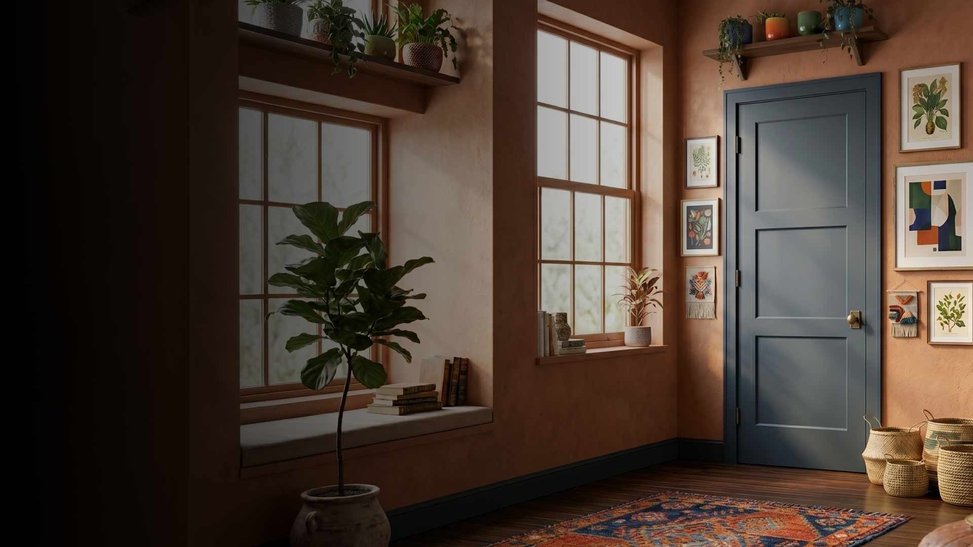Slate blue three-panel Shaker-style interior door in a terracotta room with French-paned windows and botanical prints