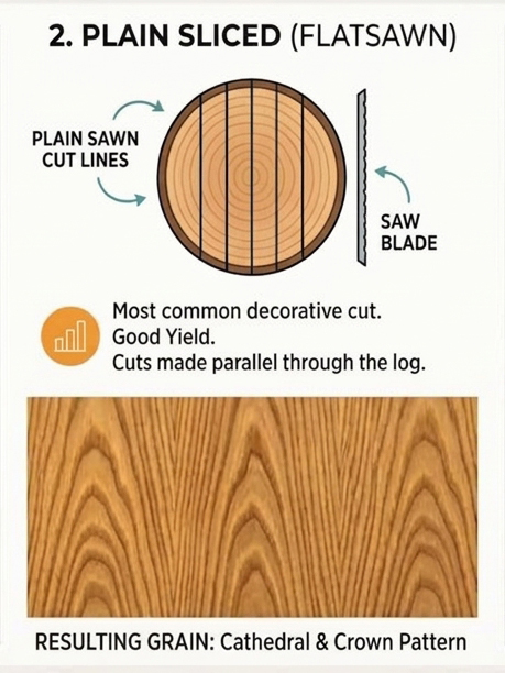 Diagram showing plain-sawn wood: cross-section with cut lines and a vertical saw blade, illustrating cathedral and crown grain patterns on a plank.