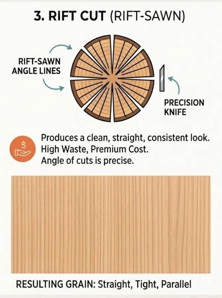 Rift-cut wood diagram showing rift-sawn grain with angled lines and a precision knife; resulting grain is straight, tight, and parallel.