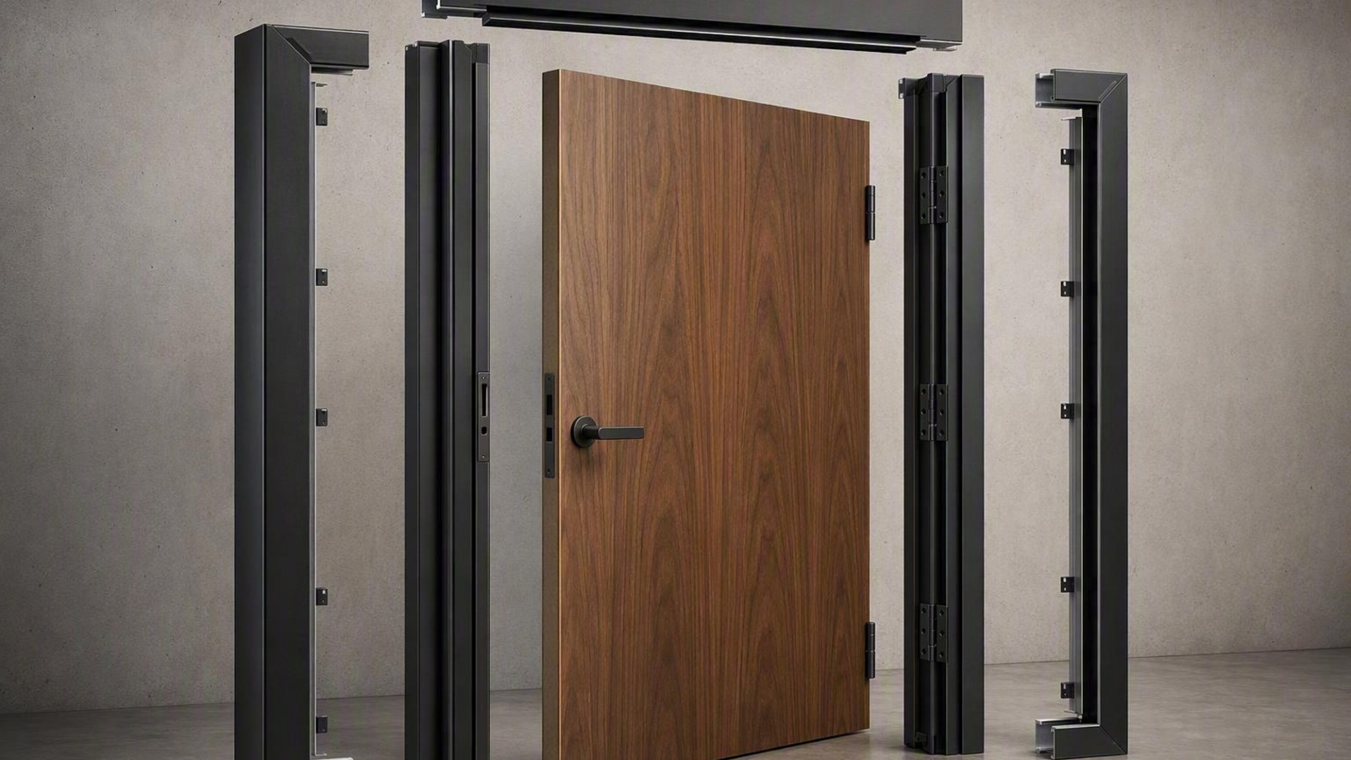 Wooden door with a black lever handle standing between dark metal door frames in a showroom/industrial setting by concrete walls.