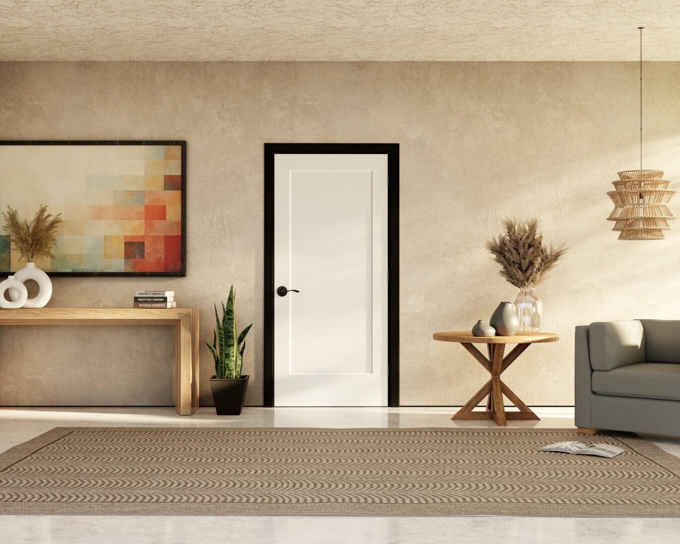 image of a white flat panel interior door in a neutral toned room