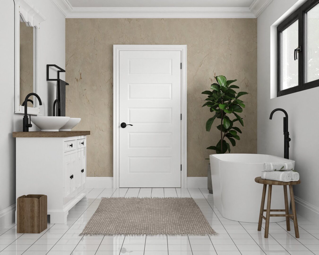 image of a white raised panel interior door in a bathroom